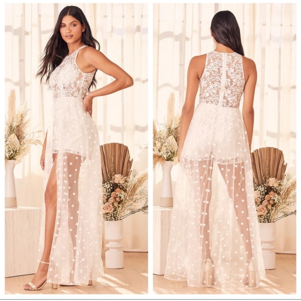 NWOT Haute Spot White Embroidered Lace Maxi Romper